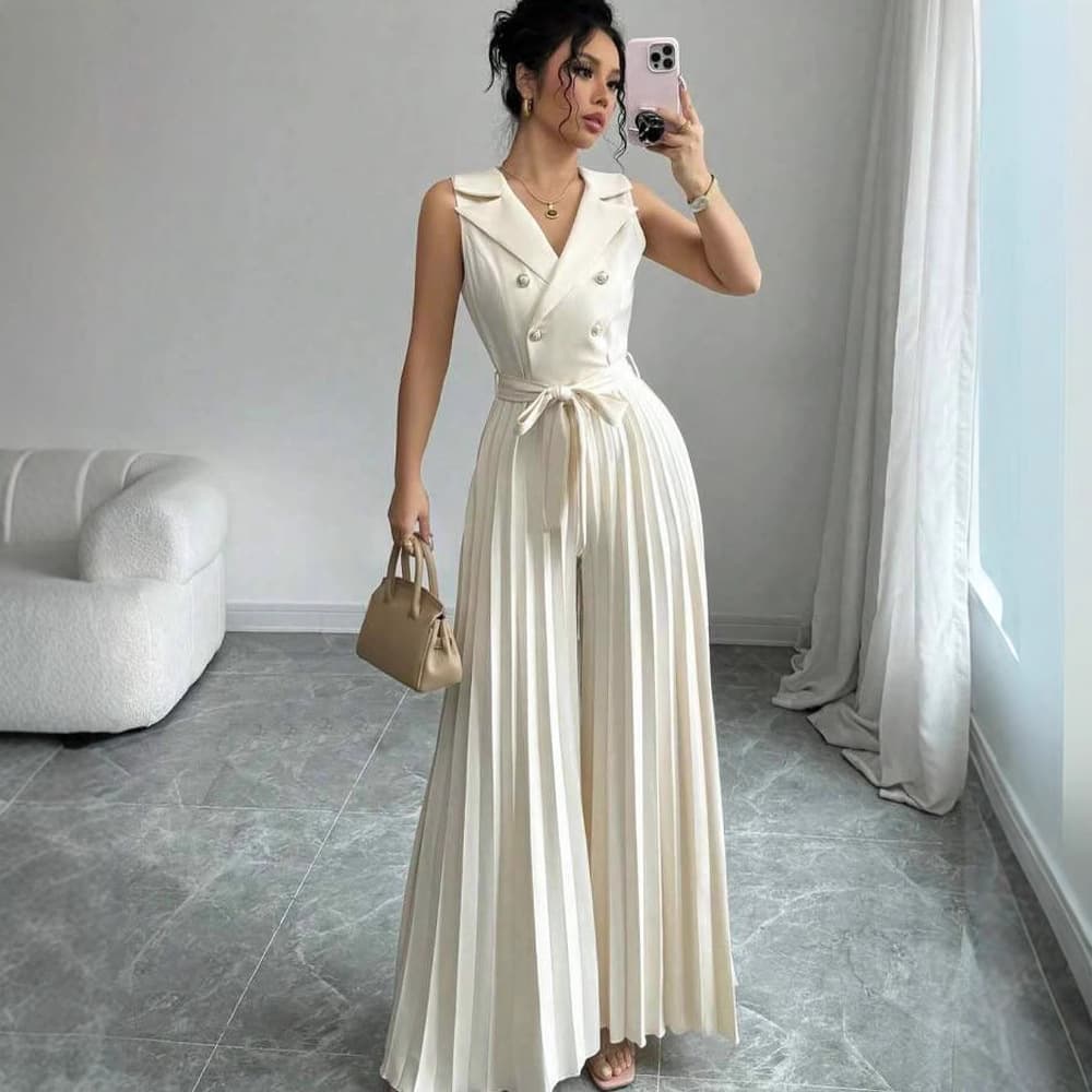 Women's Clothing Suit Collar Dress Color V Neck Tie Waist Pleated Skirt