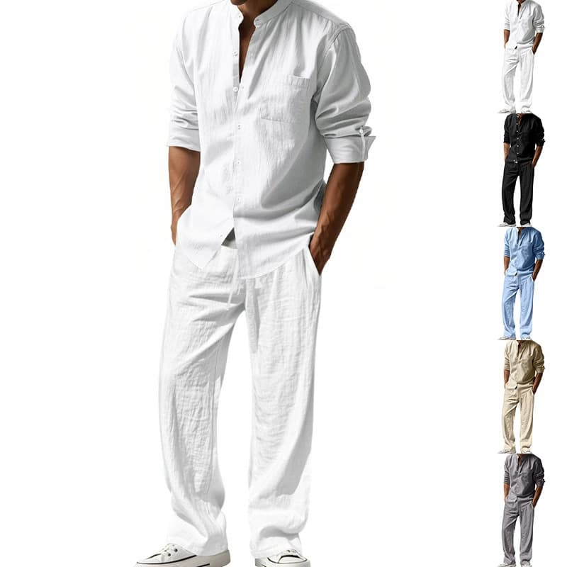 Men's Clothing Four Seasons Linen Men's Casual Loose Breathable Long Sleeved Trousers Shirt Beach Suit Spot