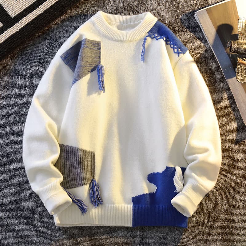 Men's Crewneck Sweater – Oversized Knit, Contrast Trim, Korean Streetwear Style (White/Gray/Black, M-4XL)​