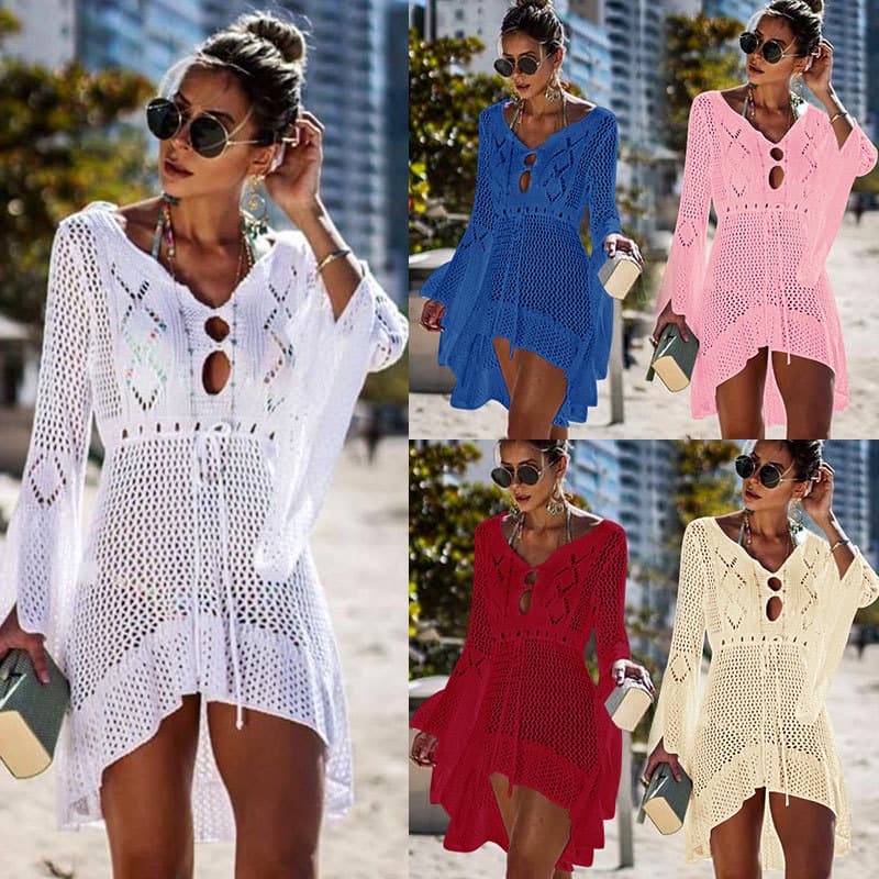 "Women's Hollow Knitted Beach Cover-Up Skirt With Trumpet Sleeves - Sexy Bikini Swimsuit Outerwear For Sun Protection & Style"