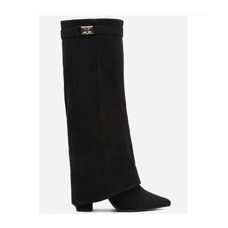 Bottes hautes à bout pointu pour femmes, avec boucles métalliques, talons épais, bottes d'hiver montantes jusqu'aux genoux en cuir PU, talons épa