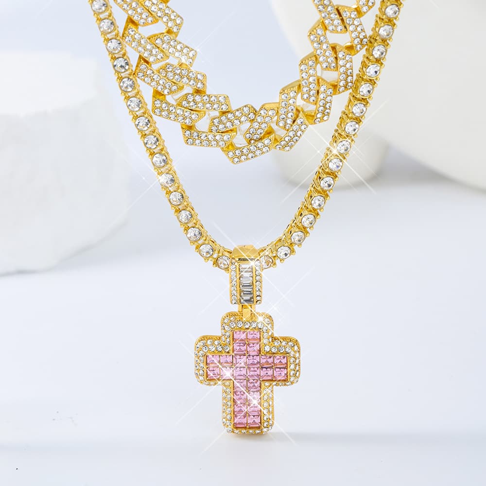 New style personality pink cross pendant with diamond Cuban chain tennis chain set alloy street style hip hop accessories