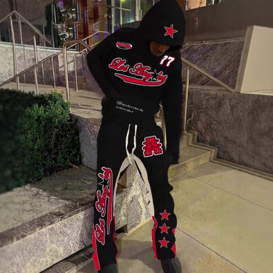 ​​Men's Black & Red Streetwear Hoodie & Jogger Set – Stylish Two-Piece Outfit For Casual & Urban Wear​​