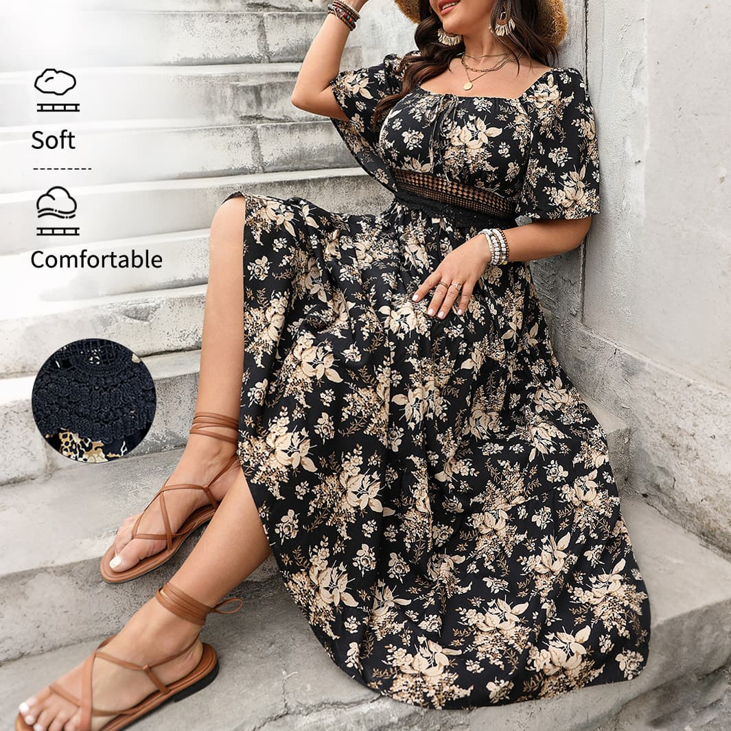 Women's Clothing Retro Square Neck Print Large Size Short Sleeve Dress