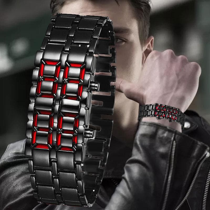Men's LED Digital Watch With Alloy Steel Band, Red & Blue Light Display, Mineral Glass Face, Rectangle Dial Light Display Digital Watch