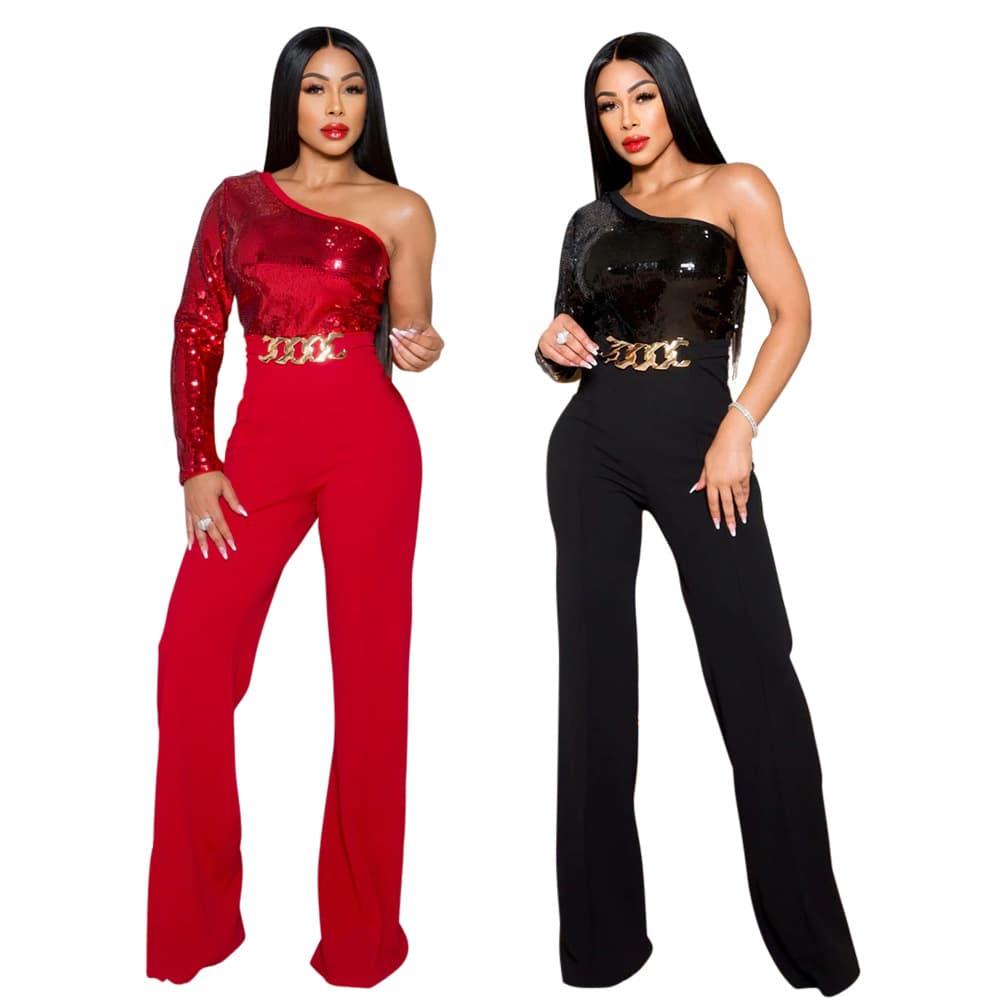 Women's clothing Amazon Foreign Trade New Fashion Fashionable One-shoulder Sleeve Sequined Patchwork Woolen Slim Fit Jumpsuit