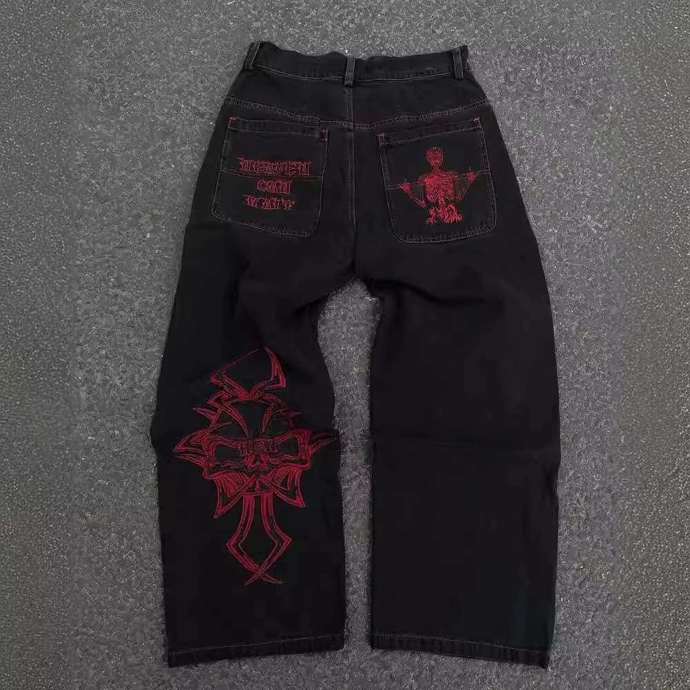 Men's Clothing This Year's Jeans Men's Hip Hop Retro Skull Washed Loose Jeans Casual Wide Leg Pants