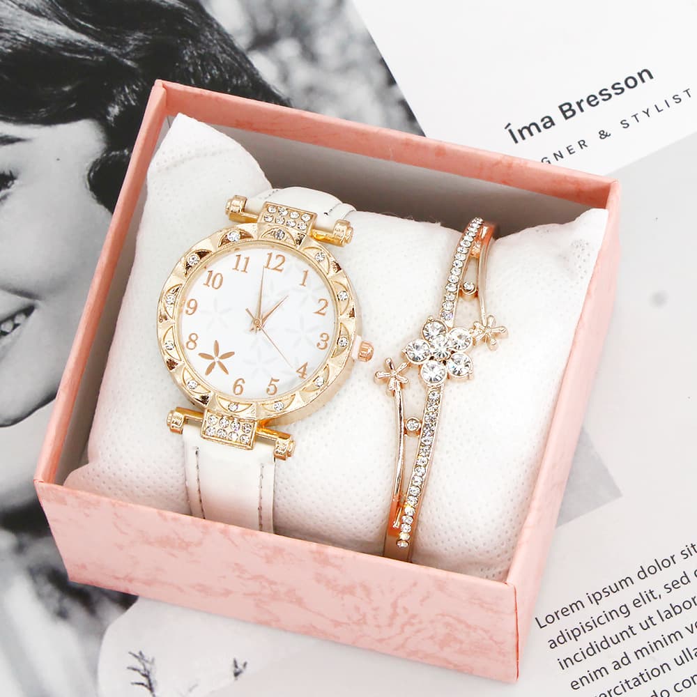 Elegant Women's Quartz Watch & Bracelet Set - Fashionable Two-Piece Combo With Night Light Feature​