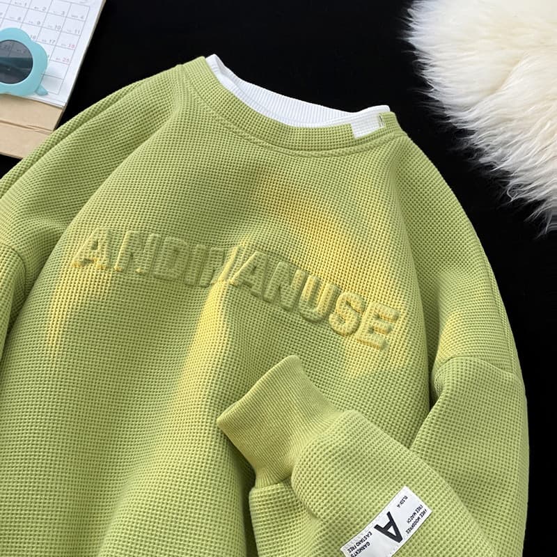 Men's Clothing green sweatshirt men's trend ins waffle hoodless round neck two piece long sleeved T shirt oversize