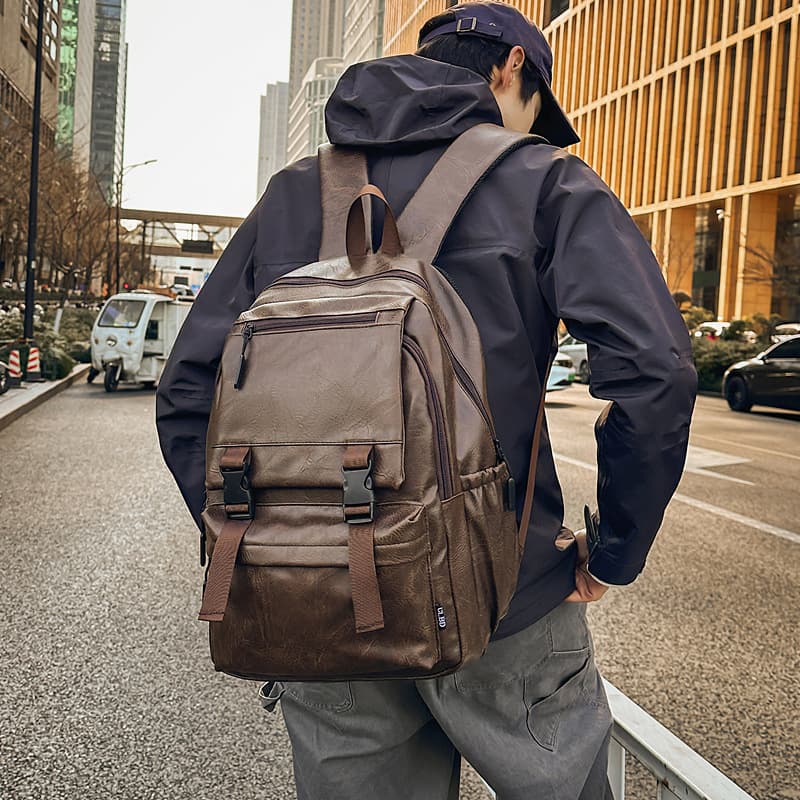 Men's Bags New Casual Backpack Men's Business Computer Bag PU Leather Large Capacity Schoolbag High School College Student Backpack