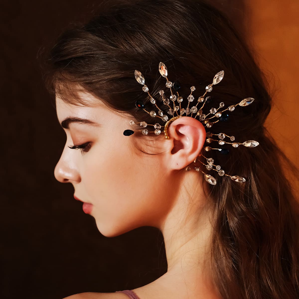 European and American style exaggerated elf earrings wedding dance birthday party earrings female niche handmade crystal beaded ear hanging