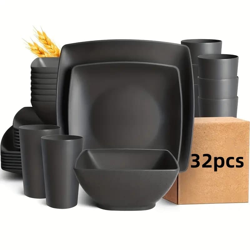 32-piece Plastic Wheat Straw Square Dinnerware Set For 8, Unbreakable Dinner Plates, Salad Plates, Snack Bowls, Tumblers 20 Oz, Black Matte