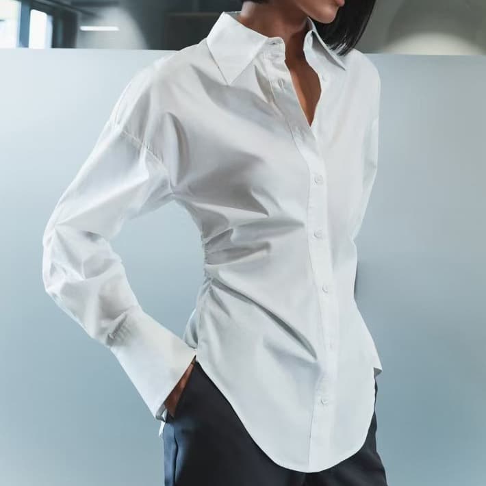 Women's Clothing New autumn and winter long sleeved solid color shirt temperament slim design slim waist pleated women commuting all match