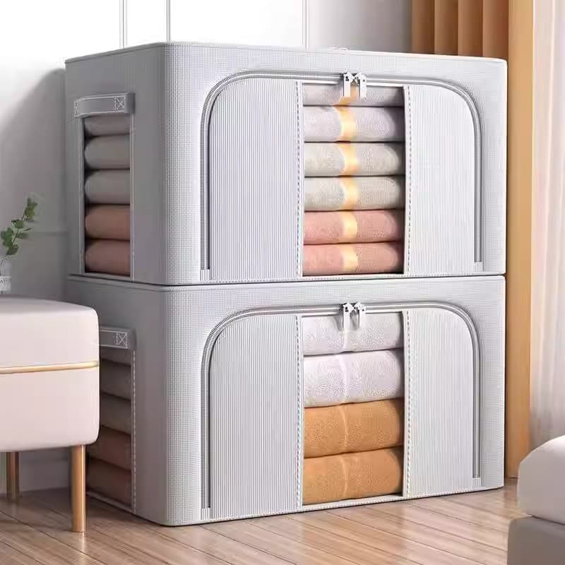 ​Extra Large Clear View Storage Box For Blankets & Winter Clothes – Foldable Fabric Organizer With See-Through Window (66L/100L, Moon Grey/Oatmeal)