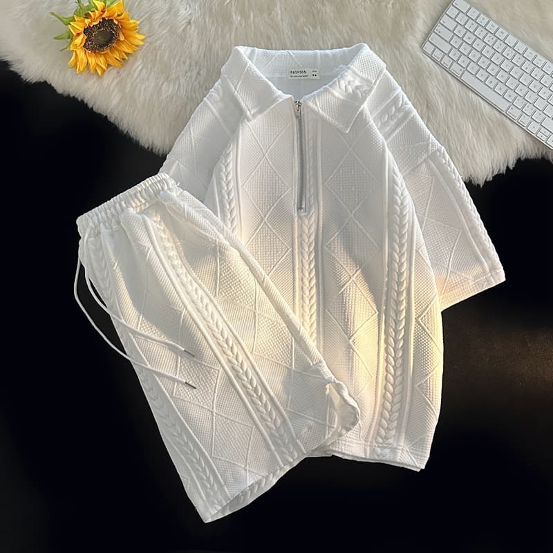 Men's Clothing Waffle Polo Shirt Short Sleeved T Shirt Shorts Set Summer Loose Clothes Trendy Tops And Pants Suit