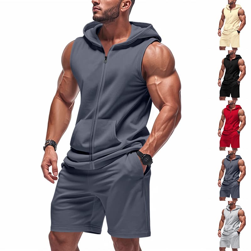 Men's Fitness Sports Suit with Zipper Hooded Vest And Loose Shorts Breathable Summer Clothing for Men Functional Outfit