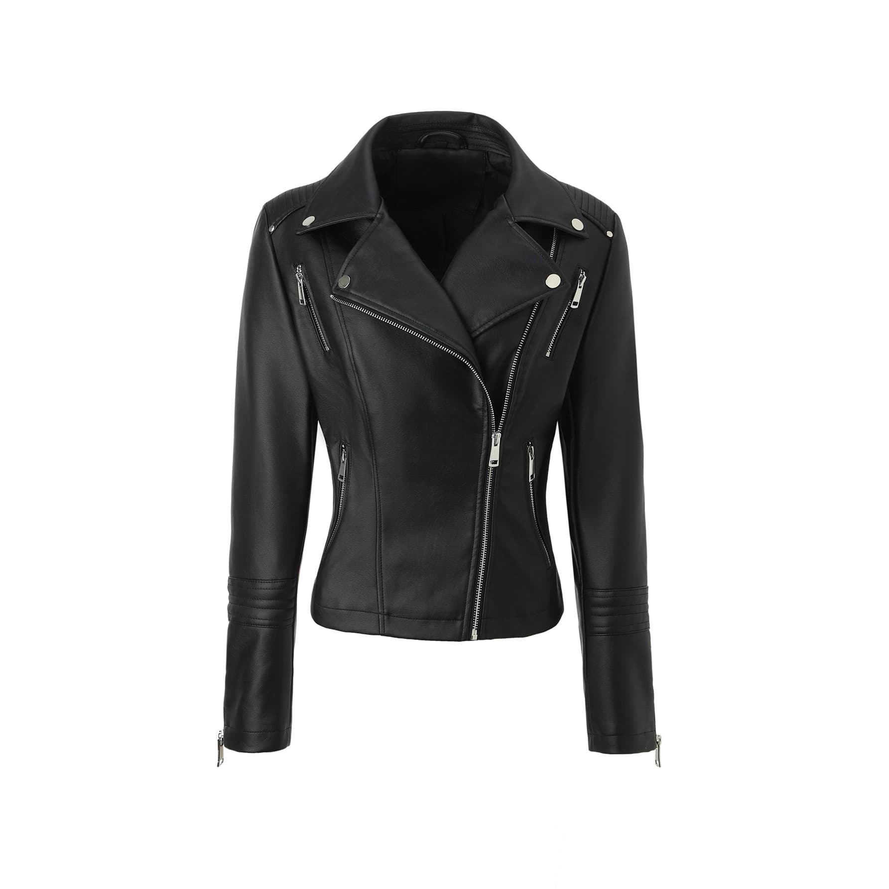 "Women's Black PU Motorcycle Jacket – Diagonal Zipper & Rivet Detail (S-XL, Black/Burgundy/Apricot)"