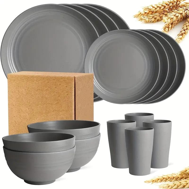 16-Piece Kitchen Plastic Wheat Straw Dinnerware Set, Service For 4, Dinner Plates, Dessert Plate, Cereal Bowls, Cups, Unbreakable Plastic Outdoor