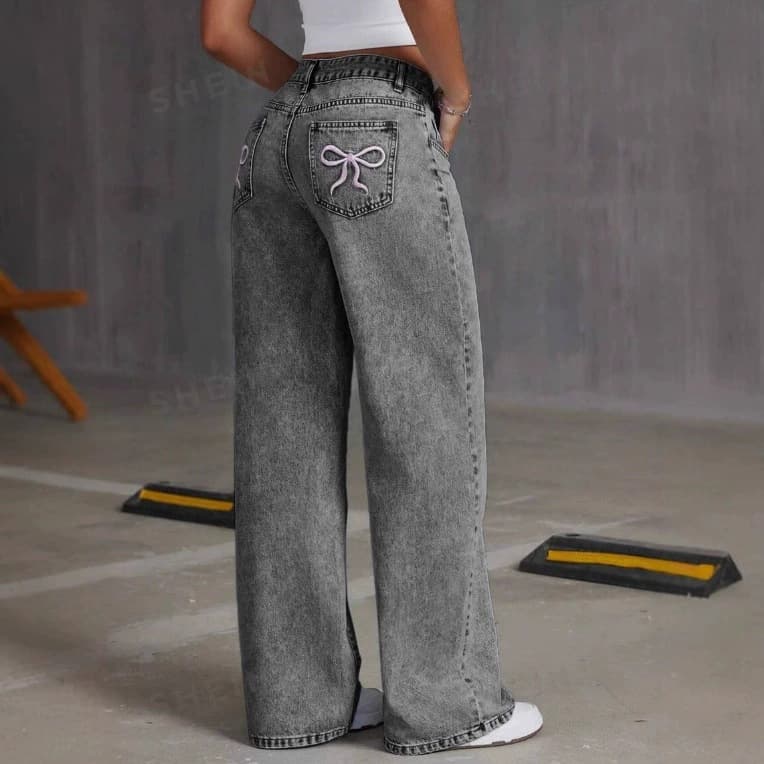 Women's Clothing Retro Bow Embroidery Washed Jeans Women's Sweet And Spicy Straight Loose Trousers
