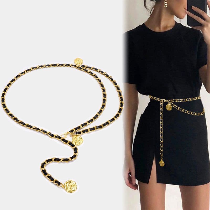 Ins Metal Waist Chain with Three Camellia Women's Chains Adjustable Elastic and Tight Small Waist Accessories High Grade Pant Chain