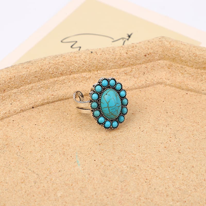 Bohemian Western Ethnic Style Turquoise Carved Feather Fashion Personality Ring