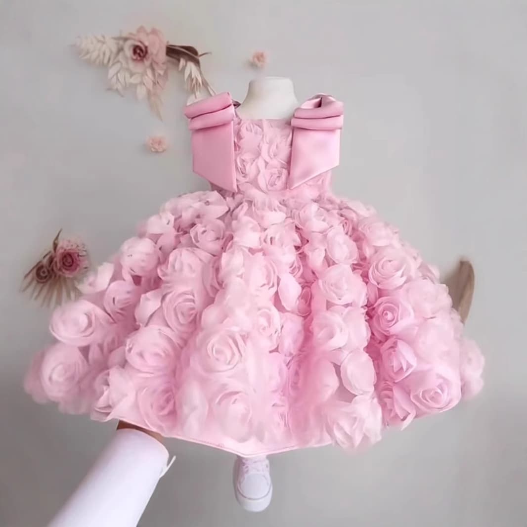 Princess Flower Girl Dress For Weddings, Birthday Parties & Performances – Elegant Lace & Bow Design With Floral Print – Sizes 80-160cm