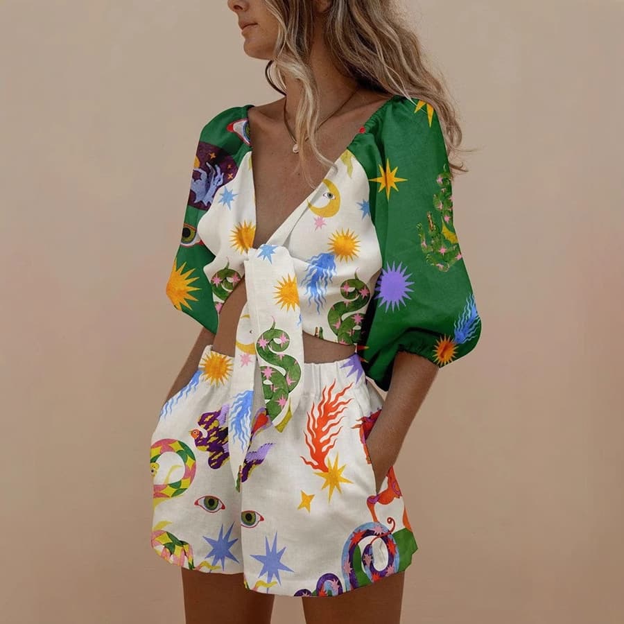 Women's Clothing Two Piece Suit Fashion Casual Cotton And Linen Printed Shorts Suit Puff Sleeves