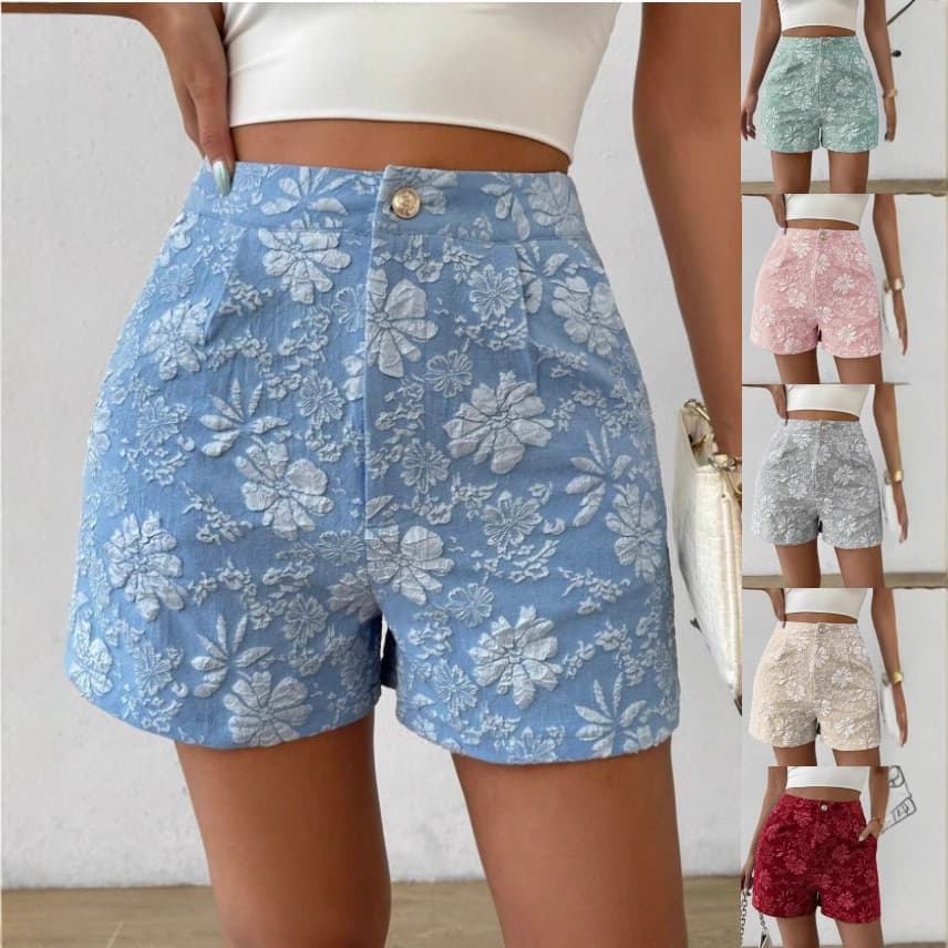 Women's Clothing New Fashion Texture Jacquard Retro High Waist Straight Shorts
