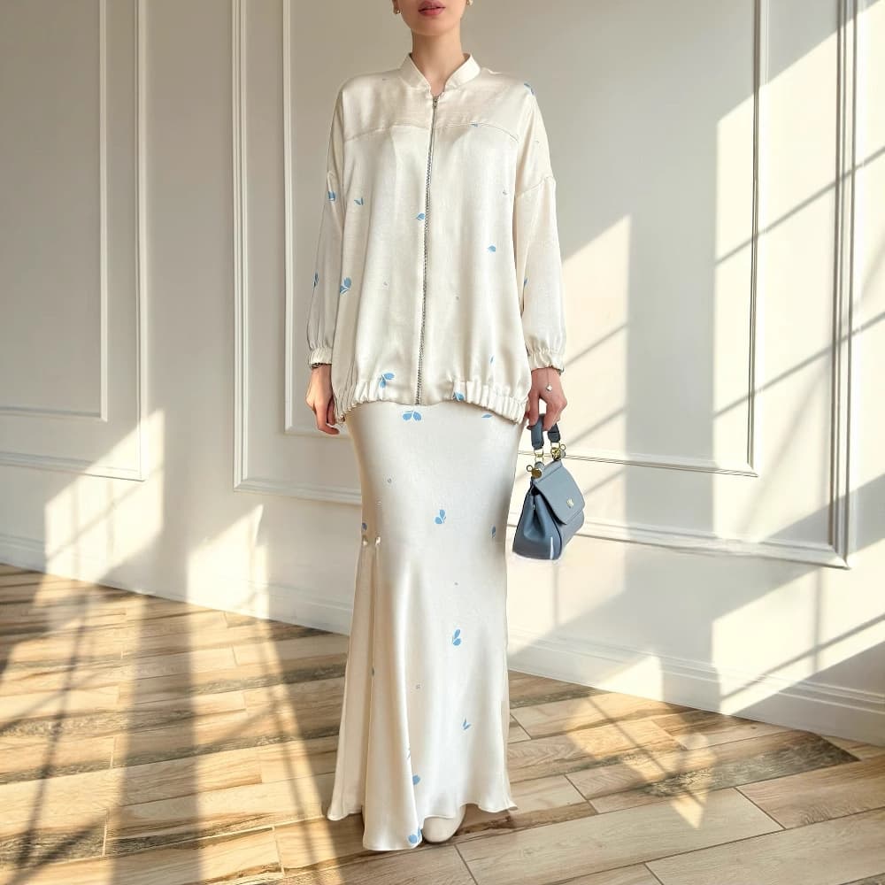 Women's Clothing Women's Fashion Printed Satin Long Sleeved Jacket Skirt Fashion Suit