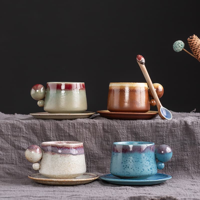 Creative Ceramic Coffee Cup and Plate Set Round Ball Mug Retro Kiln Transformation Water Cup Afternoon Tea Coarse Ceramic Cup