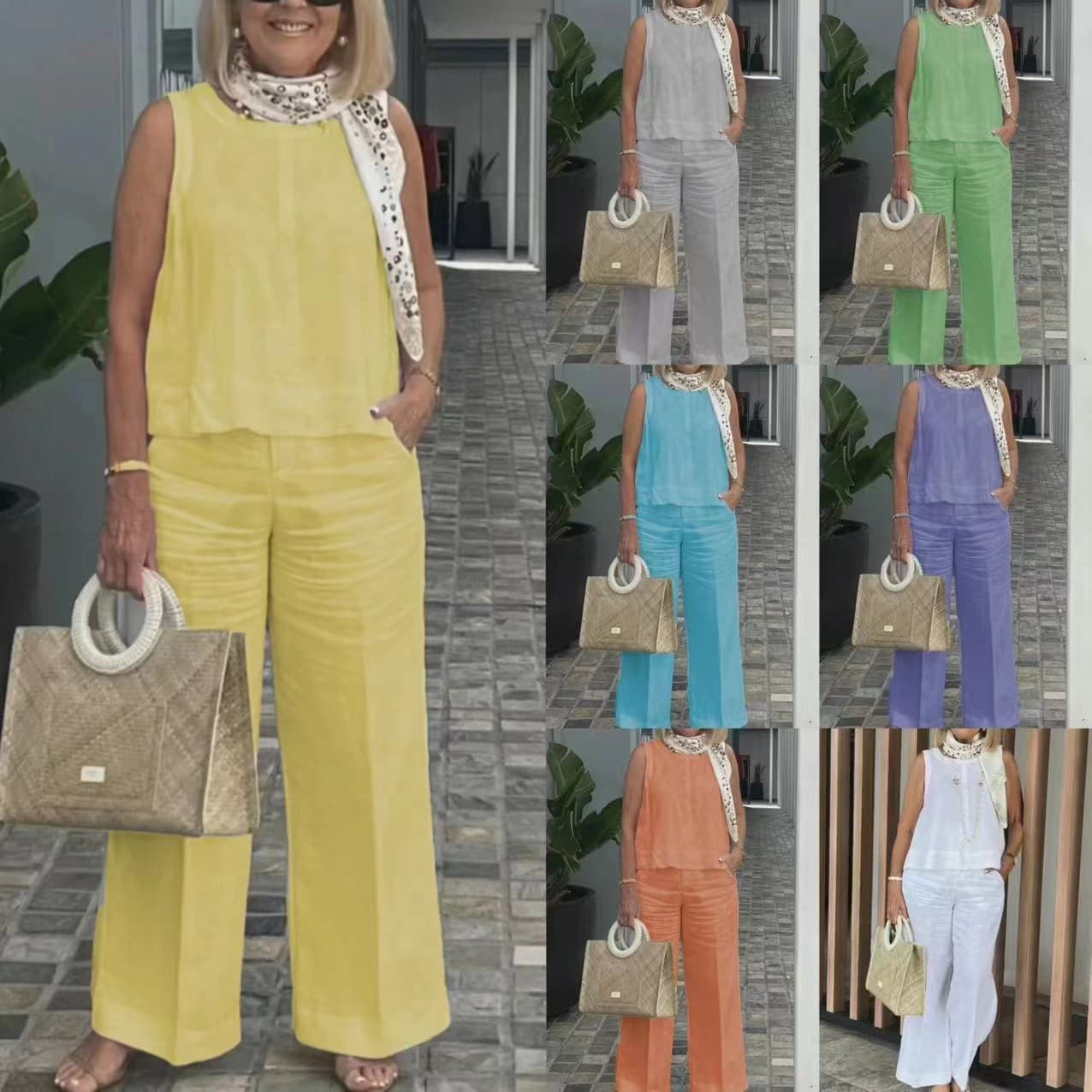 women's clothing 2024 spring and summer new sleeveless solid color cotton and linen suit