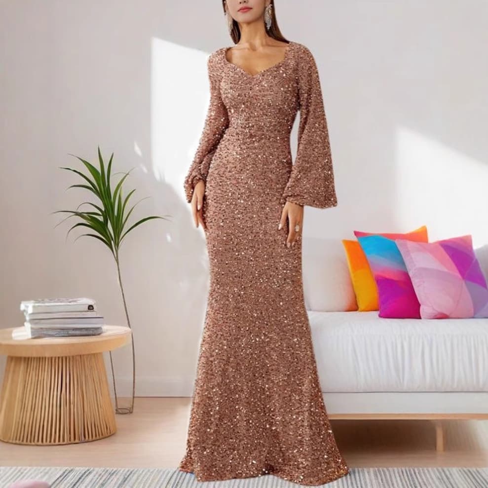 Women's Clothing New Fashion V Neck Hip Wrapped Sequined Dress Mid Waist Trumpet Sleeve Long Evening Dress