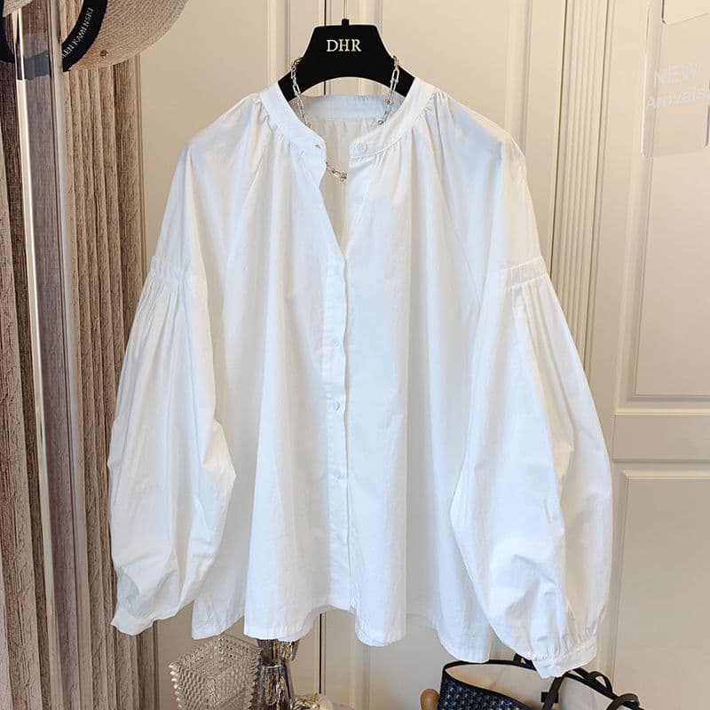 Women's Clothing Retro Pleated Puff Sleeve Loose V Neck Shirt