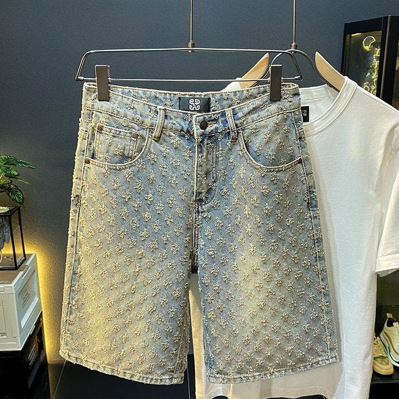 Men's Clothing Summer Loose Straight Hole Jacquard High End Five Point Pants