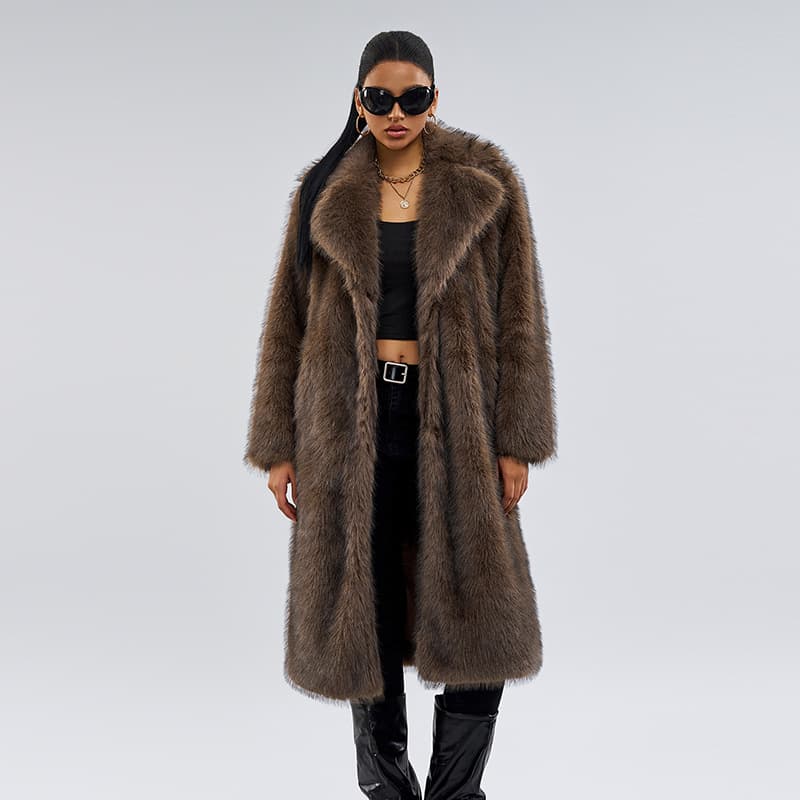 ​​Women's Faux Fox Fur Long Coat – Winter Elegance Jacket With Luxe Collar (Brown, S/M/L/XL/XXL)​​