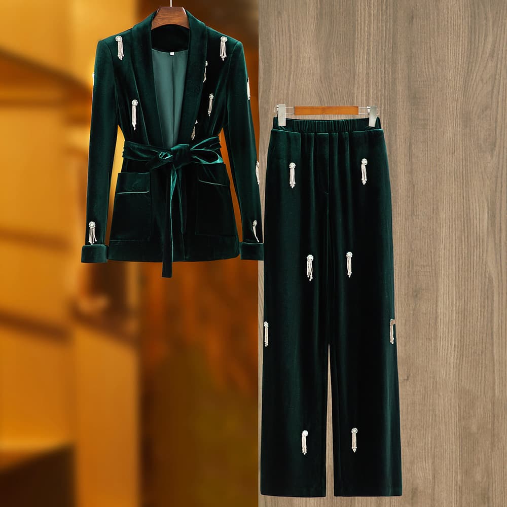 Women's Clothing 2024 high quality velvet beading fashion suit green fruit collar blazer lace up elastic wide leg pants two piece set