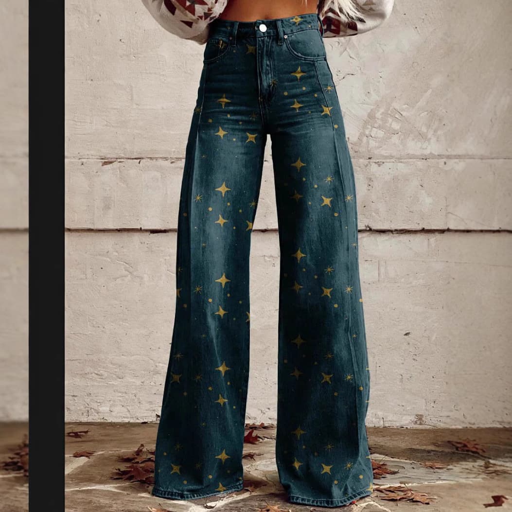 Women's Flared Denim-Look Printed Wide Leg Pants With 3D Star Design - Stretch Polyester Comfort Fit