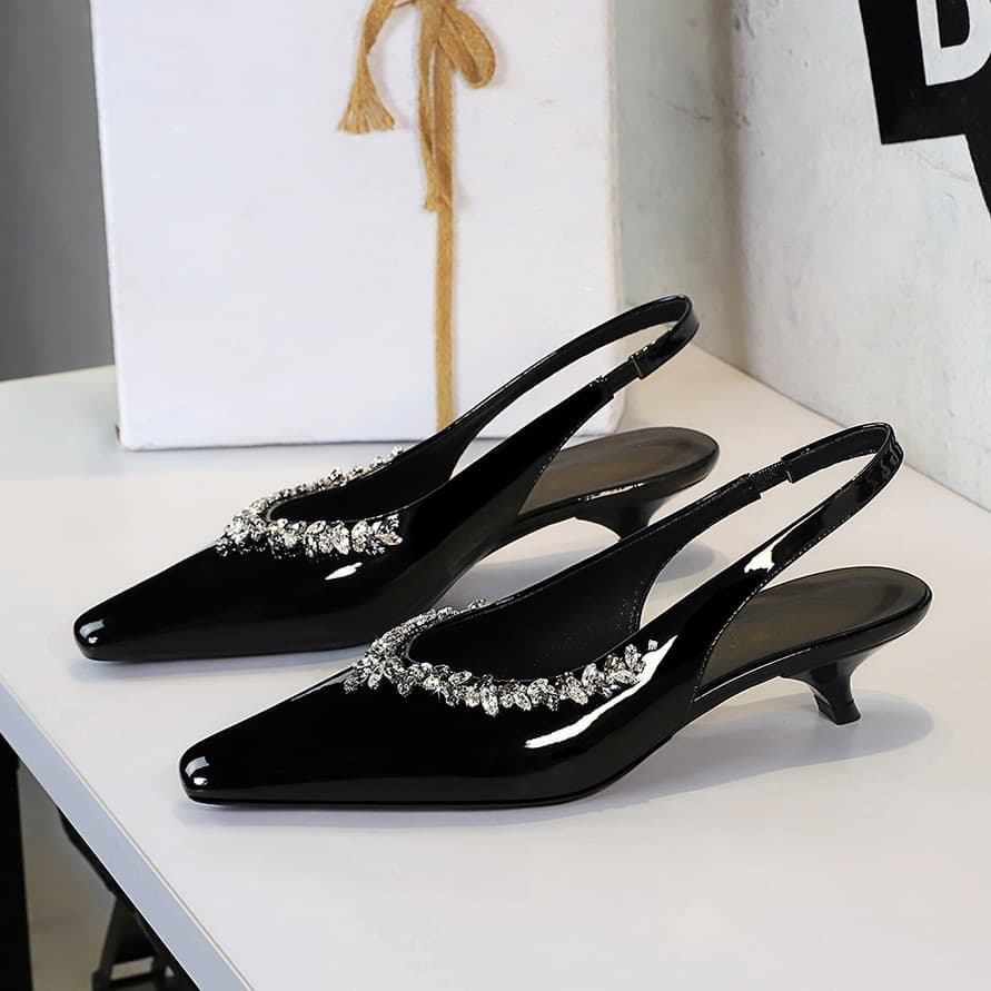 5211 European And American Style Elegant Patent Leather Rhinestone Shallow Mouth Slip-On For Women With Back Strap