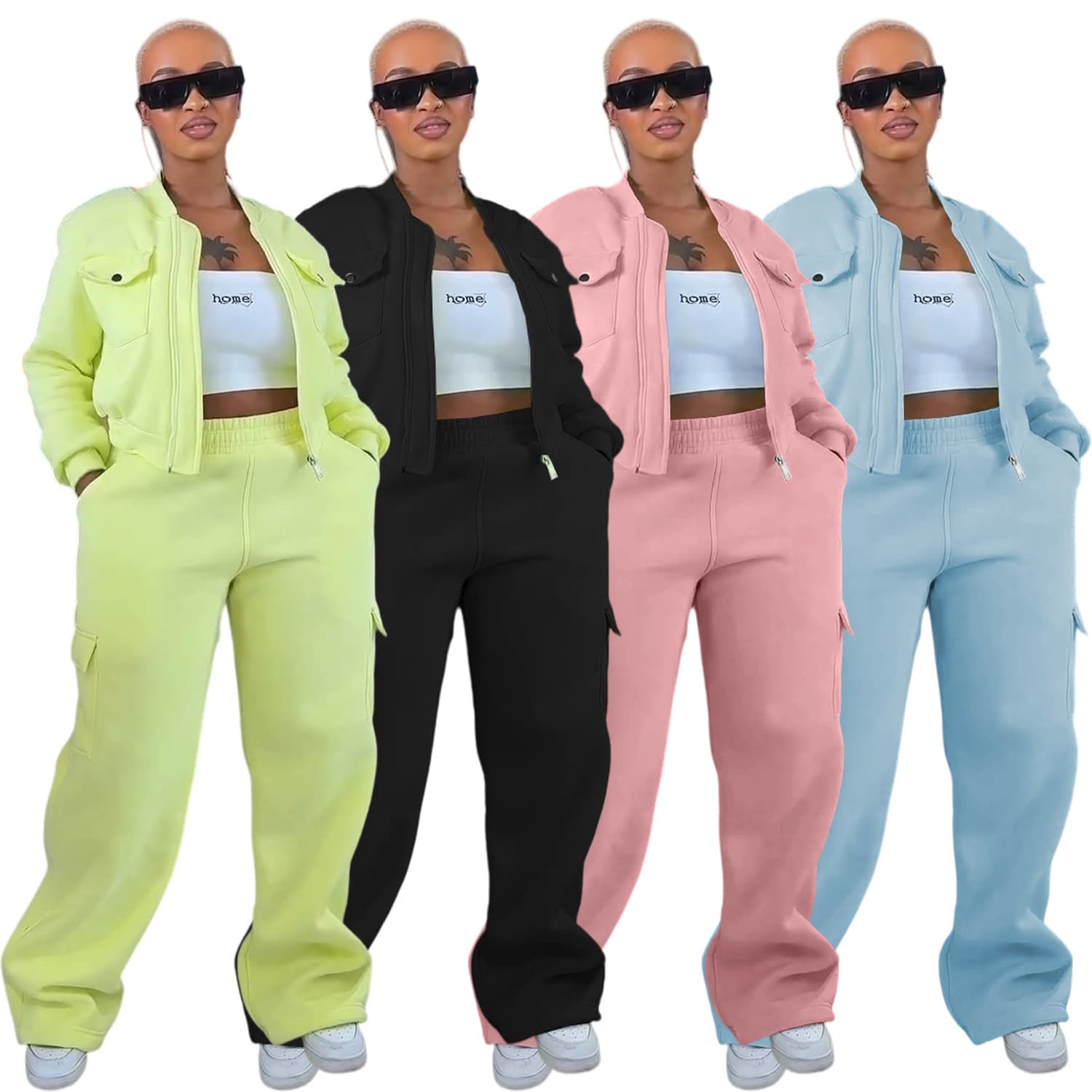 Urban Streetwear Fleece Tracksuit Set – Women's Zip-Up Hoodie & Cargo Joggers (S-XXL, Black/Pink/Blue/Neon Green)​