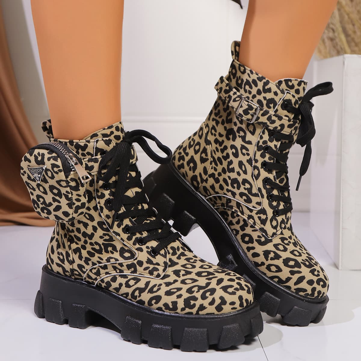 Bottines à talons épais pour femme à imprimé léopard - Bottines tendance à lacets et bout rond