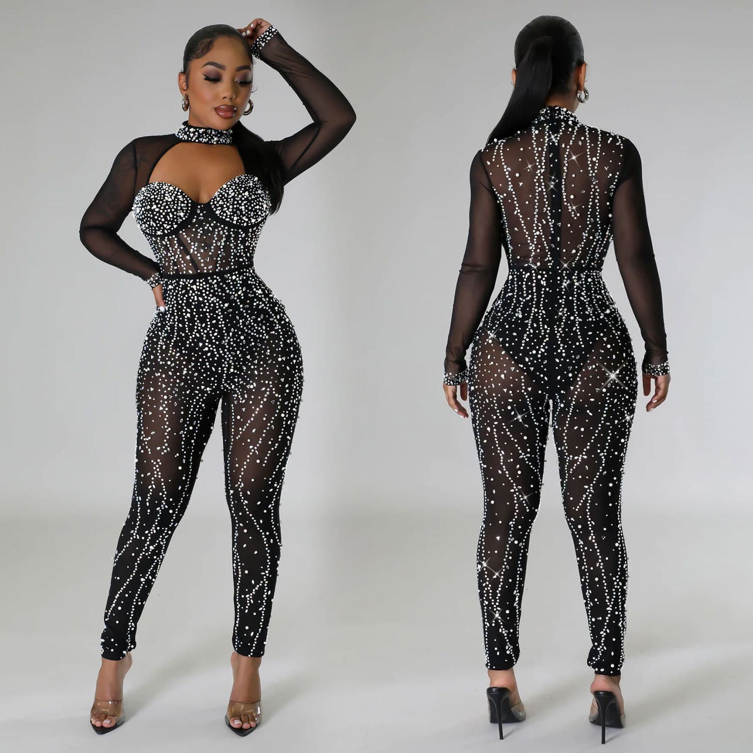 Women's Clothing C6788 fashion women's solid color mesh hot diamond long sleeved trousers jumpsuit