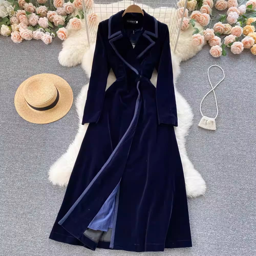 Women's Long Trench Coat With Notched Lapel, Velvet Overcoat, Loose Fit, Knee-Length Elegant Coat For Autumn & Winter​