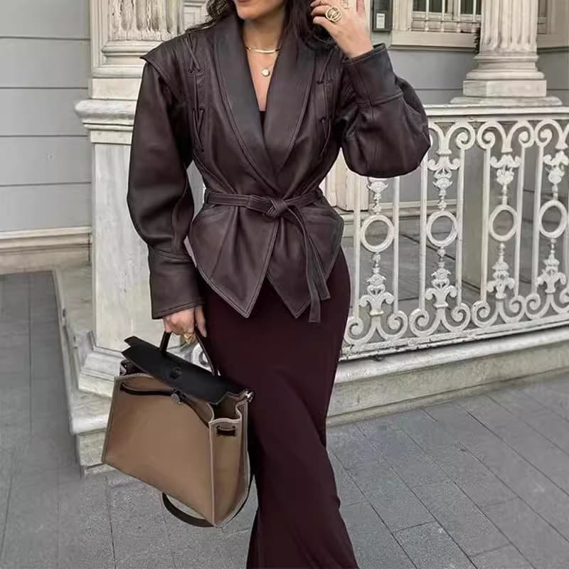 ​​Women's Faux Leather Trench Coat With Belted Waist & Lapel Collar - Elegant Long Sleeve Jacket For Fall Winter (Brown/Black/Grey/Pattern)​​