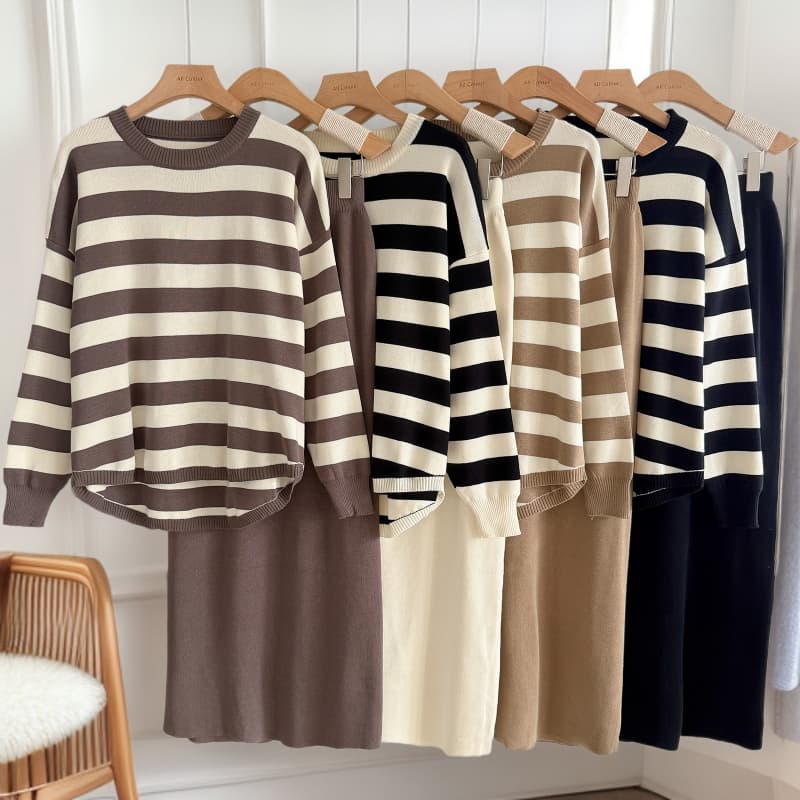 Elegant Long-Sleeve T-Shirt & High-Waist Midi Skirt Set - Autumn/Winter Knit Two-Piece Outfit For Women, Stylish Office & Casual Wear