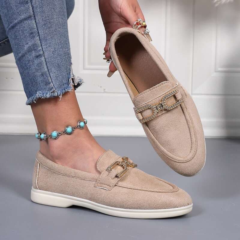 SHLIANG New Comfortable Women Flat Shoes With Metal Chain Lightweight Soft Fabric Slip-On Low-Top Casual Shoes Simple Suede Loafers For Women Y0286