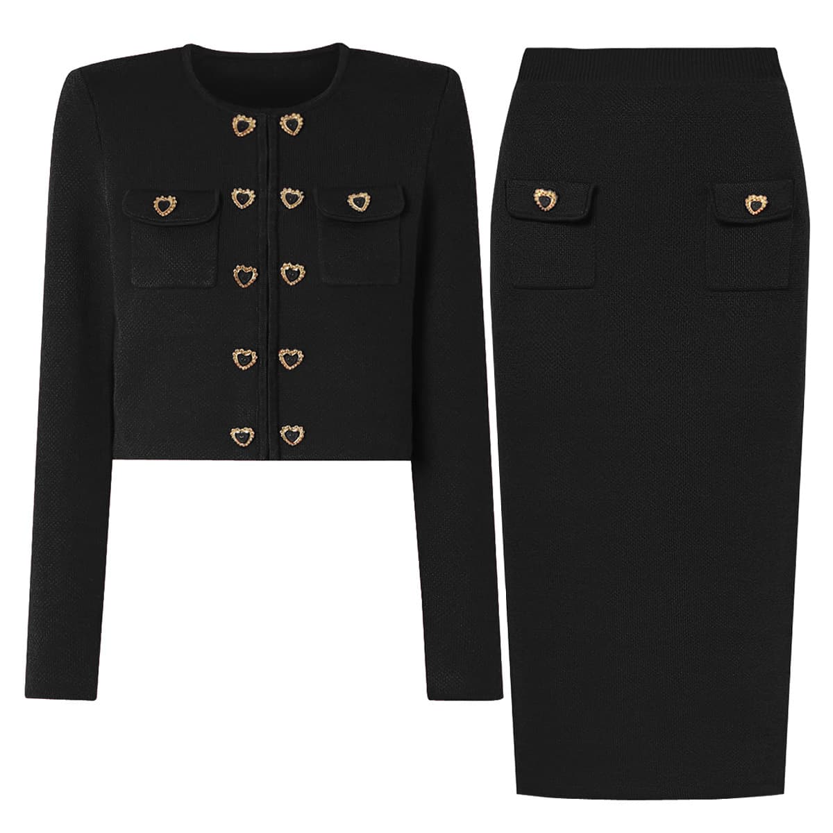 Luxury Knit Cardigan & Pencil Skirt Set – Heavyweight Viscose Blend With Gold Accents (Black/Red, Sizes S-L)