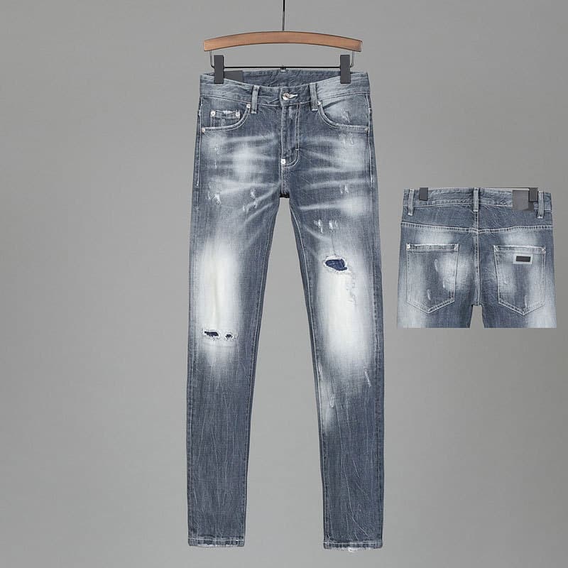 European Style Men's Distressed Slim Fit Jeans Trendy Retro Grey Whiskering Faded Midweight Cotton Long Black Blue Jeans