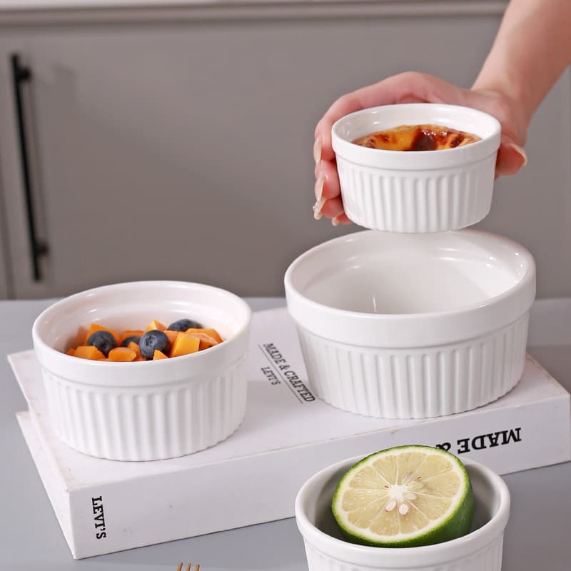 Ceramic Souffle Ramekins 4 Pack Oven Air Fryer Safe Baking Dishes For Creme Brulee Custard Egg Pudding White Round Dessert Bowls BPA Free