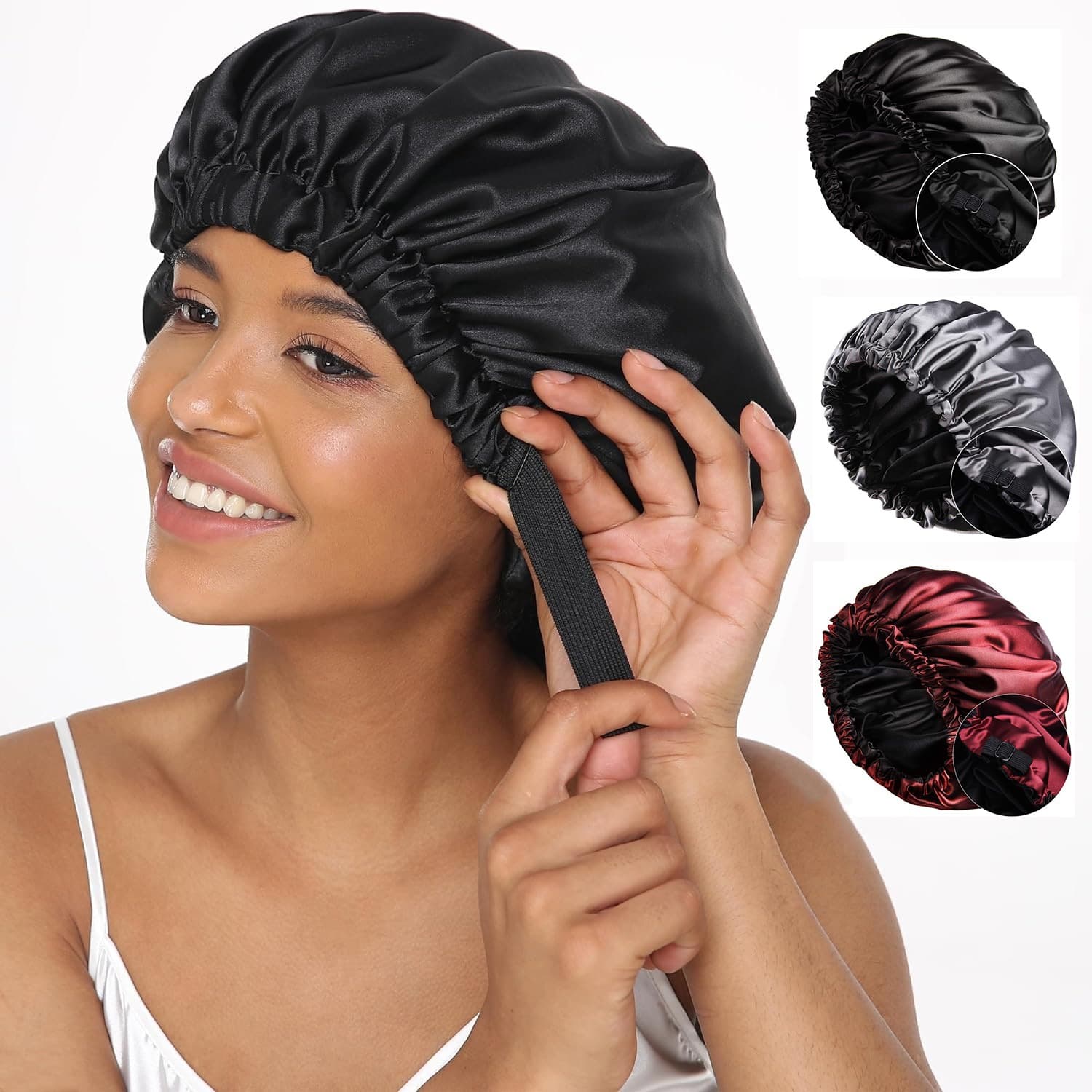 Ladies silk nightcap black satin curly cap Japanese buckle adjustable breathable warm round cap