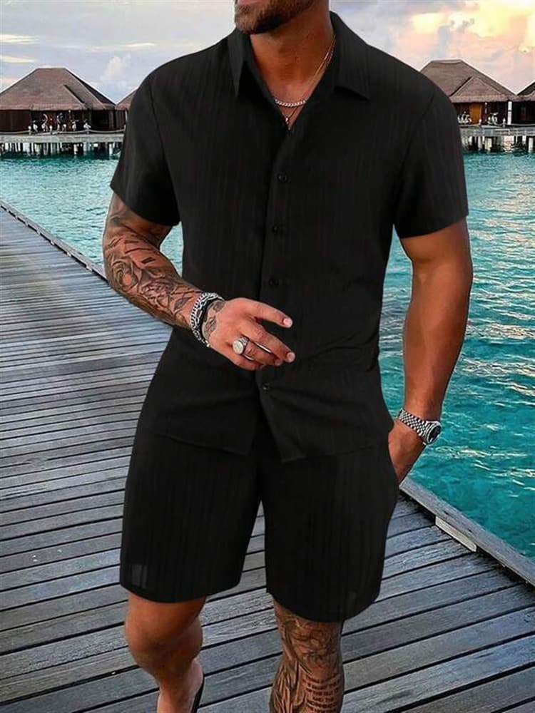 Chemise à revers rayée pour hommes, short, costume de sport décontracté à la mode